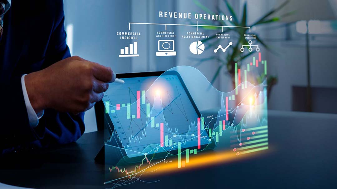 A stock market chart displayed on a screen with digital overlays, representing AI in finance.