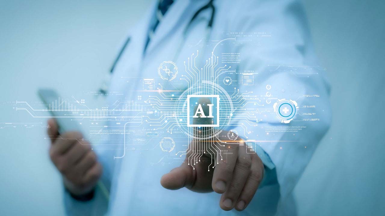 A doctor looking at a screen with a glowing brain scan analyzed by AI.
