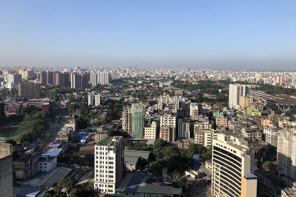 Aerial view of Dhaka city under a clear sky, seen from a high building in the Motijheel area